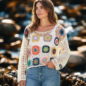 Debut Granny Square Sweater M Cropped Open Crochet Knit Colorful Bohemian Y2K‎
